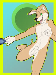 1boy anthro balls canine green_eyes greyhound kwikdog male male_only mammal nude open_mouth penis rika solo standing