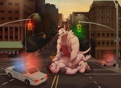 2016 4_toes 5_fingers anal anal_sex animal_genitalia animal_penis anthro big_penis bigmaster black_fur black_hair building bull_terrier cairo_(bigmaster) canine canine_penis car city claws clenched_teeth closed_eyes detailed_background duo erection fur gay hair holding_penis kneeling knot lights lying macro male male_only male_penetrating mammal masturbation missionary_position multicolored_fur nipples nude on_back outside peable penetration penile_masturbation penis pink_penis police police_car precum public sex sky street street_lamp suck_mcjones teeth thick_penis toe_claws toes traffic_light tree two_tone_fur vehicle white_fur white_tail yaoi