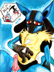 1boy absol anthro artist_signature english_text furry gible lowres lucario male male_only marker_(artwork) nintendo penis pokemon pokemon_(species) pokemon_dppt pokemon_rse precum red_eyes solo_focus tagme traditional_media_(artwork)