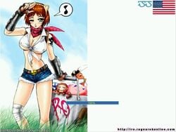 2004 american_flag baphomet blacksmith blacksmith_(ragnarok_online) blush cart cat_ears chonchon doll flag green_eyes large_breasts loading_screen music_note one_eye_closed poring ragnarok_online red_hair scarf shorts yoyo