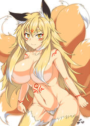 animal_ears blonde_hair breasts collarbone convenient_censoring curvy female female fox_ears fox_tail furry hair_censor hair_over_breasts highres huge_breasts leaning_forward long_hair looking_at_viewer multiple_tails navel nishiumi_yuuta nude original pubic_hair simple_background solo standing tail tattoo yellow_eyes