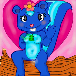 anthro blue_body blue_fur flower furry happy_tree_friends log looking_at_viewer mammal mondo_media petunia petunia_(htf) skunk smile tagme toonpimp