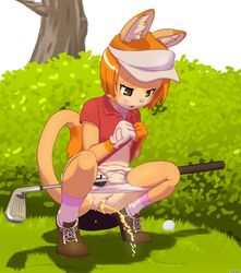 2014 anthro blush clothed clothing crouching feline female golf golf_club grass hair kaitoh mammal open_mouth orange_hair outside peeing pink_nose pussy shadow solo tree underwear urine watersports