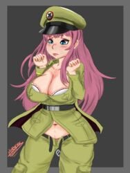 1girls 2018 abigail_(metal_slug) aqua_eyes big_breasts blush chubby depressed female female_focus female_only huge_breasts kuma98 long_hair looking_at_viewer metal_slug metal_slug_attack military military_hat military_uniform pink_hair snk striped_panties white_bra white_panties white_underwear