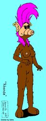 2000 alf alien alien_girl brown_fur earrings eyelashes fur large_breasts pink_hair rhonda_(alf) smile solo solo_female standing