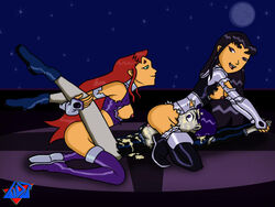 2d 3girls blackfire boots dc_comics female female_only grey-skinned_female grey_skin komand'r koriand'r multiple_girls purple_hair rachel_roth raven_(dc) red_hair starfire straight_hair tamaranean tan-skinned_female tan_skin teen_titans thigh_boots wdj yuri