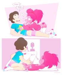 1boy 2girls bedroom before_and_after blowjob caught caught_in_the_act clothing cum_in_mouth embarrassed fellatio female gem_(species) genital_fluids mahmapuu male pearl_(steven_universe) pink_hair sex simple_background spinel_(steven_universe) steven_quartz_universe steven_universe steven_universe:_the_movie thighsocks