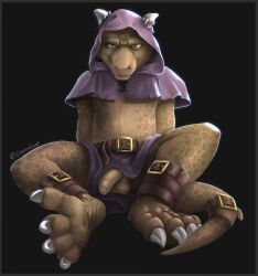 4_toes accessory anthro balls belt belt_buckle biped bottomwear bottomwear_aside claws clothed clothing clothing_aside digital_media_(artwork) feet foreskin furgonomics genitals grumpy_loaf hi_res hood hood_up horn humanoid_genitalia humanoid_penis kobold loincloth loincloth_aside looking_at_viewer male penis reptile scalie simple_background sitting solo solo_focus tail tail_accessory tail_belt toes topwear