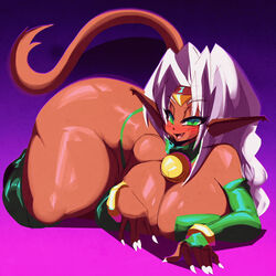 1girls aisha_clanclan animal_ears ass big_ass big_breasts blush breasts bridal_gauntlets circlet curvy dark-skinned_female dark_skin female green_eyes humanoid large_breasts long_hair lying nails nipples nude outlaw_star pointy_ears riendonut smile tail thick_thighs thighhighs voluptuous white_hair wide_hips