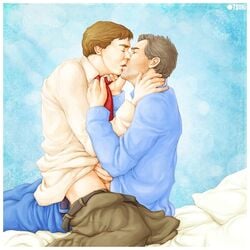 actor bed caucasian caucasian_male celebrity gregory_house house_(series) hugh_laurie in_character james_wilson kissing male_only men_kissing pillow robert_sean_leonard sheet tsuki_(artist)