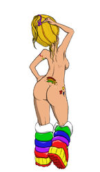 1girls arm_up armpits ass back back_view backboob beige_skin blonde_hair breasts color female footwear_only from_behind full_body hand_on_hip human rainbow_brite rainbow_brite_(character) rainbow_footwear rear_view small_breasts solo tattoo tramp_stamp uncensored