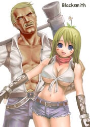 blacksmith blacksmith_(ragnarok_online) blonde_hair blue_eyes blush breasts flower gloves hammer large_breasts mustache navel open_mouth ragnarok_online scarf shorts smile