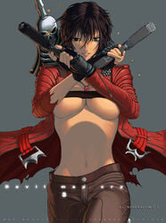 1girls big_breasts black_hair blue_eyes breasts brown_hair bullet cleavage coat color cosplay crossplay dante dante_(cosplay) devil_may_cry devil_may_cry_3 dual_wielding female female_only fingerless_gloves front_view gloves grin gun hair handgun heterochromia jewelry lady_(devil_may_cry) large_breasts midriff navel necklace nekkeau open_clothes pistol rebellion_(sword) shell_casing short_hair skull smile solo strap tagme torn_clothes underboob weapon zipper