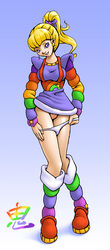 1girls blonde_hair boots cleft_of_venus clothing color_belt_rainbow_brite) female full_body gradient_background high_ponytail highres knees_together_feet_apart miniskirt oni_(artist) panties panty_pull purple_eyes pussy rainbow_brite rainbow_brite_(character) simple_background skirt_lift solo standing star_(symbol) suspenders uncensored undressing undressing_self white_panties