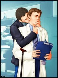 2boys actor cane caucasian caucasian_male celebrity gay gregory_house house_(series) hugh_laurie in_character james_wilson kissing male male_only robert_sean_leonard tsuki_(artist) yaoi