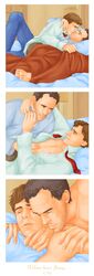 actor bed caucasian caucasian_male celebrity gregory_house house_(series) hugh_laurie in_character james_wilson kissing male male_only men_kissing pillow robert_sean_leonard sheet sheet_grab tsuki_(artist)