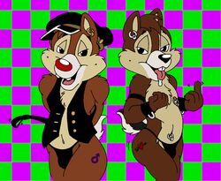 anthro bark_(artist) black_nose checkered_background chip chip_'n_dale_rescue_rangers chipmunk color dale disney fur furry male_only middle_finger nipple_piercing nipples piercing red_nose