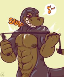 1boy abs anthro dinosaur easy_access facial_scar flaccid front_view grin looking_at_viewer male male_only muscular musical_note nipples pecs penis penis_base puggy rape_face rubber signature solo sound_effects speech_bubble standing theropod tyrannosaurus_rex whip