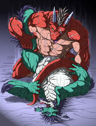 5_fingers anthro dragon duo eastern_dragon facial_hair gay green_body horn juuhati-n kemono looking_pleasured male male_only muscular niku_18 red_body scalie scar sex slit_penetration slit_sex sweat tongue tongue_out wrestling yaoi