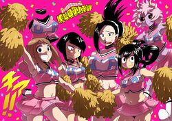 6+girls 6girls abs armpits ass bare_legs bare_shoulders black_eyes black_hair blush breasts brown_hair cheerleader cheerleader_uniform clothing female female_only frog frog_girl hagakure_tooru_(invisible) horn horns hourglass_figure invisible invisible_girl jump kyoka_jiro kyoka_jiro_(u.a_cheerleader) large_breasts long_hair looking_at_viewer looking_down medium_breasts mina_ashido mina_ashido_(u.a_cheerleader) miniskirt momo_yaoyorozu momo_yaoyorozu_(u.a_cheerleader) multiple_girls my_hero_academia ochako_uraraka ochako_uraraka_(u.a_cheerleader) open_mouth panties pink_background pink_hair pink_panties pom_poms purple_skin shoes short_hair shy skirt small_breasts smile standing stomach tied_hair tooru_hagakure tooru_hagakure_(invisible) tsuyu_asui tsuyu_asui_(u.a_cheerleader) u.a._cheerleader_outfit yellow_eyes