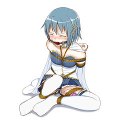 arms_behind_back ball_gag blue_hair bondage bound cape closed_eyes crying drooling female femuto gag gagged hair_ornament magical_girl mahou_shoujo_madoka_magica miki_sayaka rope short_hair skirt solo tears tied_up vibrator wet_panties