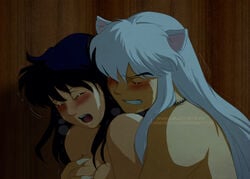 1boy 1girls animal_ears aquarina breast_grab canon_couple cropped dog_ears female husband_and_wife inuyasha inuyasha_(character) kagome_higurashi male straight topless