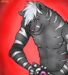 1boy anthro claws cum decaf erection feline fur green_eyes hair male male_only mammal nude penis simple_background smile solo stripes tiger valaska