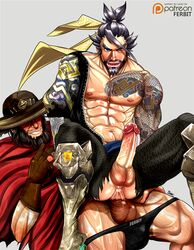 2boys abs anal anal_sex bara beard cole_cassidy cowboy_hat erection facial_hair ferbit hanzo_shimada hat male_only multiple_boys muscle nipples overwatch pecs penis sex sitting sitting_on_person smile tattoo wince yaoi