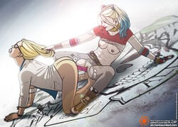 2girls abs all_fours alx_(fuckit) ass belly blonde_hair blue_hair breasts choker cloth_gag dc dc_comics dc_extended_universe dildo double_dildo dr._harleen_quinzel dual_persona female female_only fingerless_gloves fishnet fishnet_pantyhose gagged glasses gloves hair_grab harleen_quinzel harley_quinn legs lips long_hair medium_breasts multicolored_hair multiple_girls nail_polish navel nipples panties_in_mouth pantyhose pink_hair selfcest shirt spread_legs suicide_squad tattoo tattoos thighs tied_hair torn_clothes torn_pantyhose twintails vaginal_penetration white_skin yuri