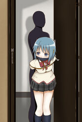 1boy arms_behind_back blue_eyes blue_hair bondage bondage bound bow female femuto gag gagged hairclip mahou_shoujo_madoka_magica miki_sayaka restrained rope school_uniform short_hair skirt tied_up