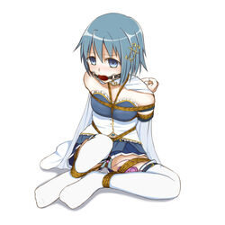 arms_behind_back ball_gag blue_eyes blue_hair bondage bondage bound cape female femuto gag gagged hair_ornament magical_girl mahou_shoujo_madoka_magica miki_sayaka restrained rope short_hair skirt solo tied_up vibrator