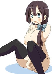 blue_eyes blush breasts brown_hair female highres inverted_nipples long_hair masturbation mimori_tougou naruse_mai nipples nude open_mouth ponytail pussy solo thighhighs tied_hair uncensored