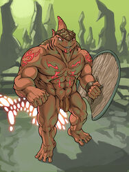 1boy abs abstract_background alien balls barefoot beralin biceps flaccid horn humanoid looking_at_viewer male male_only muscular muscular_male nude penis red_glow scales shield smile solo tattoo uncut