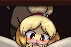 2016 animal_crossing blush cunnilingus dominant_female female_pov isabelle_(animal_crossing) lumineko nintendo pov squirting submissive_female yuri