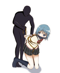 1boy arms_behind_back blue_eyes blue_hair bondage bondage bound bow female femuto gag gagged mahou_shoujo_madoka_magica miki_sayaka restrained rope school_uniform short_hair skirt tied_up