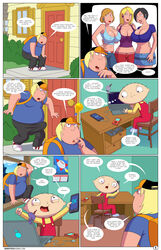 arabatos big_breasts breasts chris_griffin cleavage comic_page computer english_text erect_nipples family_guy female huge_breasts looking_at_viewer page_1 page_number smile stewie_griffin sweat text tight_clothing