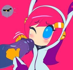 alien alien_girl blue_eyes blush captain_kirb eyelashes female hair handjob kirby_(series) kirby_planet_robobot male mask meta_knight mouthless mouthless_female nintendo one_eye_closed penis pink_background pink_hair simple_background straight susanna_patrya_haltmann susie_(kirby) sweat video_games yellow_eyes