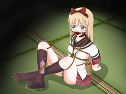 arms_behind_back ball_gag blonde_hair blue_eyes blush bondage bound bow clothing collar crotch_rope female femuto gag gagged hair_ornament hairbow panties restrained rope school_uniform skirt solo tied_up toshinou_kyouko underwear vibrator wet_panties yuru_yuri