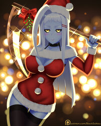 big_breasts black_sclera blacksaikou blank_eyes blue_skin breasts dullahan gold_eyes lala_(monster_musume) long_hair monster_girl monster_musume monster_musume_no_iru_nichijou santa_costume santa_hat scythe white_hair