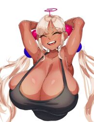 1girls armpits arms_behind_head big_breasts blush bust_portrait dark-skinned_female dark_skin female_only hololive hololive_english hololive_english_-council- huge_breasts makinakid overflowing_breasts smiling solo solo_female tsukumo_sana twintails virtual_youtuber white_hair