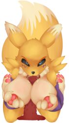 2016 angry angry_fellatio angry_sex animal_genitalia animal_penis anthro barbed_penis big_breasts black_sclera blue_eyes breasts cum cum_drool cum_in_mouth cum_inside cum_on_breasts digimon feline_penis fellatio female glare holding_breast krayboost looking_at_viewer male nipple_tweak nude on_knees oral paizuri penis renamon saliva self_fondle sex simple_background straight white_background