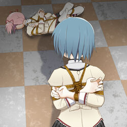 2girls arms_behind_back blue_hair bondage bound female female_only femsub femuto hair_ribbon human madoka_kaname mahou_shoujo_madoka_magica miki_sayaka multiple_girls multiple_subs pink_hair restrained ribbon rope school_uniform short_hair skirt tied_up