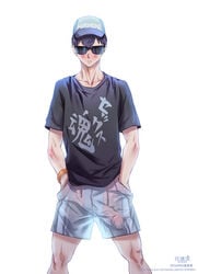 1boy beach_shorts big_penis blush bulge erection glasses haikyuu!! hat huge_cock kaworu kaworu_(artist) looking_at_viewer male male_focus penis pose shorts solo solo_focus solo_male tobio_kageyama