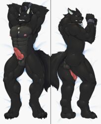 1boy 4_toes 5_fingers abs animal_genitalia animal_penis anthro anus ass backsack balls biceps big_muscles black_fur black_nose blue_eyes canine canine_penis claws cock_ring croiyan dakimakura digitigrade erection fur furry grey_fur grin handcuffs highres jewelry knot looking_at_viewer lying male male_only mammal multicolored_fur muscular necklace nipples nude pecs penis perineum pink_nipples shackles solo sonic_wolfe toe_claws toes triceps two_tone_fur wolf