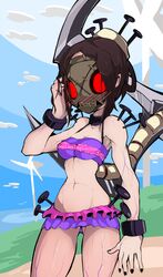 1girls armpits bare_legs bare_shoulders beach bikini bracelet breasts brown_hair cloud female female_only fingers grass hand_on_face hips legs looking_at_viewer mask miniskirt necklace painwheel red_eyes scythe shiny shiny_skin short_hair skullgirls sky slugbox small_breasts solo standing stomach tied_hair veiny weapon