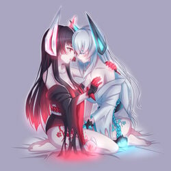 2girls absurdres after_kiss akagi_(zhan_jian_shao_nyu) barefoot black_hair blush breast_grab breasts closed_eyes enemy_akagi_(zhan_jian_shao_nyu) enemy_kaga_(zhan_jian_shao_nyu) face-to-face fingering gloves glowing grabbing highres japanese_clothes kaga_(zhan_jian_shao_nyu) kimono long_hair looking_at_another multiple_girls obi off_shoulder open_mouth qq1065091829 red_eyes robot_ears saliva saliva_trail sash seiza short_eyebrows short_kimono silver_hair sitting spiked_gloves tattoo very_long_hair wide_sleeves yuri zhan_jian_shao_nyu