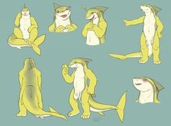 animal_genitalia anthro blush cheurf expressions fish food front_view genital_slit holding_food holding_object kaptcha lemon lemon_shark looking_at_viewer marine model_sheet multiple_poses nude pose shark signature sitting slit smile standing tongue tongue_out