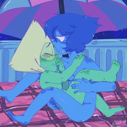 barefoot blue_hair blue_skin cartoon_network closed_eyes duo female female_only flat_chested gem_(species) green_hair green_skin humanoid lapidot lapis_lazuli_(steven_universe) masturbation peridot_(steven_universe) pussy pussy_juice restrained rocket-et sex smile steven_universe sweat tribadism yuri