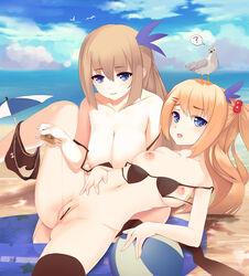 2girls ? absurdres ball beach beach_ball bird black_bra black_legwear black_panties blonde_hair blue_eyes blush bow bow_panties bra breasts censored hair_bobbles hair_ornament highres innertube inverted_nipples large_breasts lexington_(warship_girls_r) long_hair looking_at_viewer lotion magician_(china) medium_breasts multiple_girls nipples ocean panties platinum_blonde_hair pointless_censoring pussy saratoga_(warship_girls_r) seagull smile speech_bubble spoken_question_mark spread_legs thighhighs umbrella underwear warship_girls_r