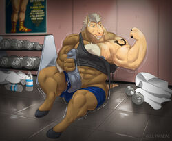 1boy abs anthro armpits balls belly biceps big_biceps big_muscles big_penis blue_eyes body_hair bottle chest_hair clothing cock_transformation detailed_background equine erection flexing front_view furry gillpanda growth gym hair hairy hand_on_penis hi_res hooves horse huge_cock male male_only mammal manly markings muscle_growth muscular muscular_male nipple_piercing nipples pants pecs penis penis_transformation piercing poster relaxing shirt sitting solo symbol tattoo teeth thick_penis torn_clothing transformation tuft vein veiny_penis weights white_hair